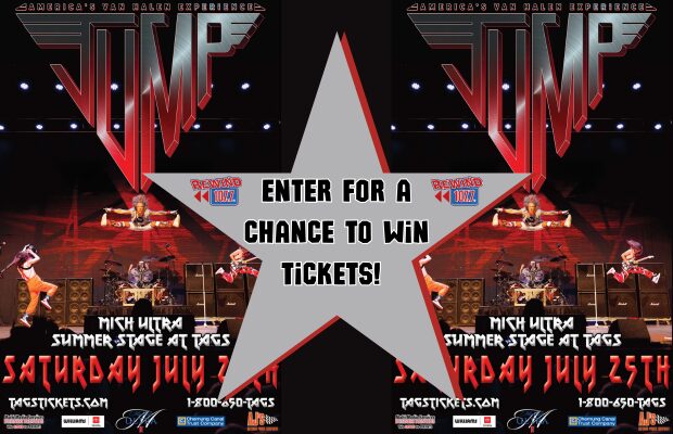 Promotional poster for a live concert with a large gray star overlay reading 'Enter for a chance to win tickets!'; mirrored band imagery on both sides and a dark red/black color scheme.