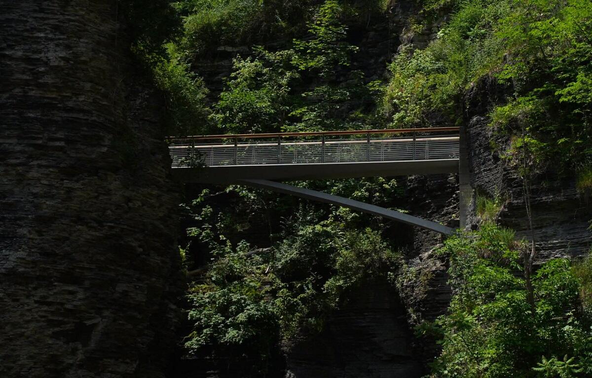 Metal pedestrian bridge spanning a rocky gorge with lush green trees and cliff walls behind it.