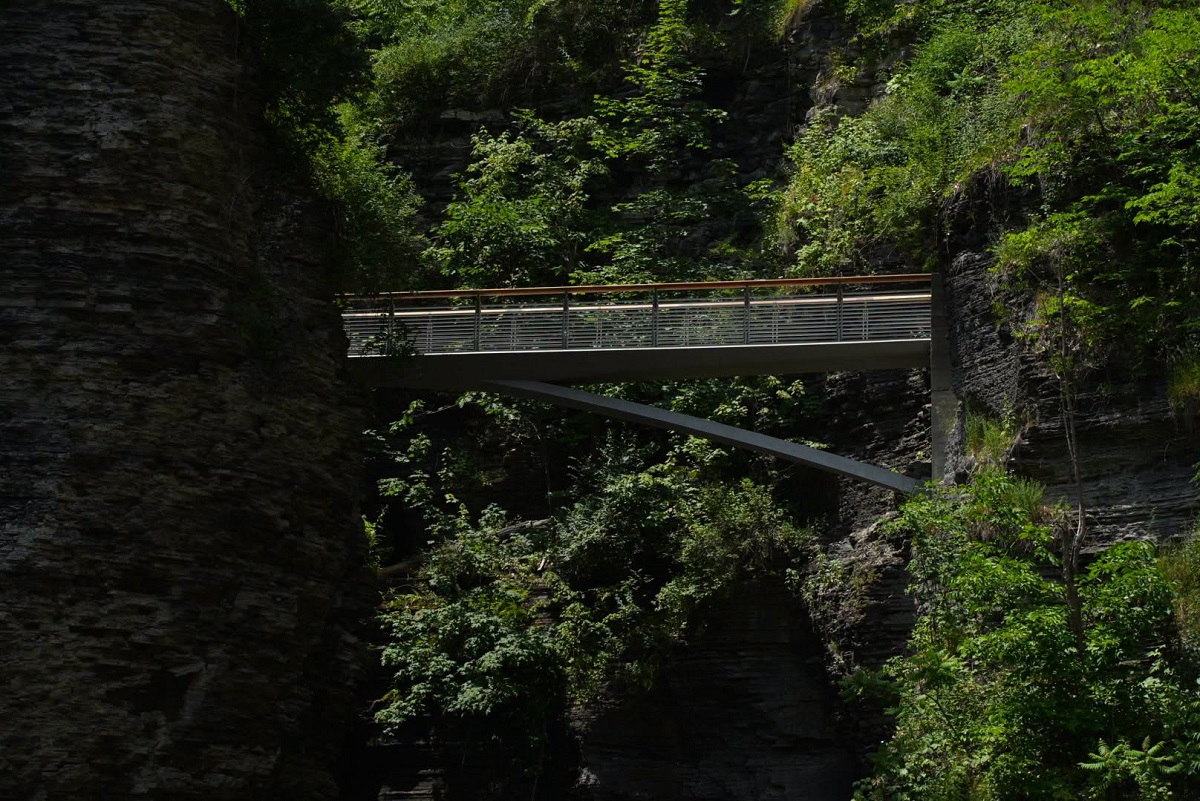 Metal pedestrian bridge spanning a rocky gorge with lush green trees and cliff walls behind it.