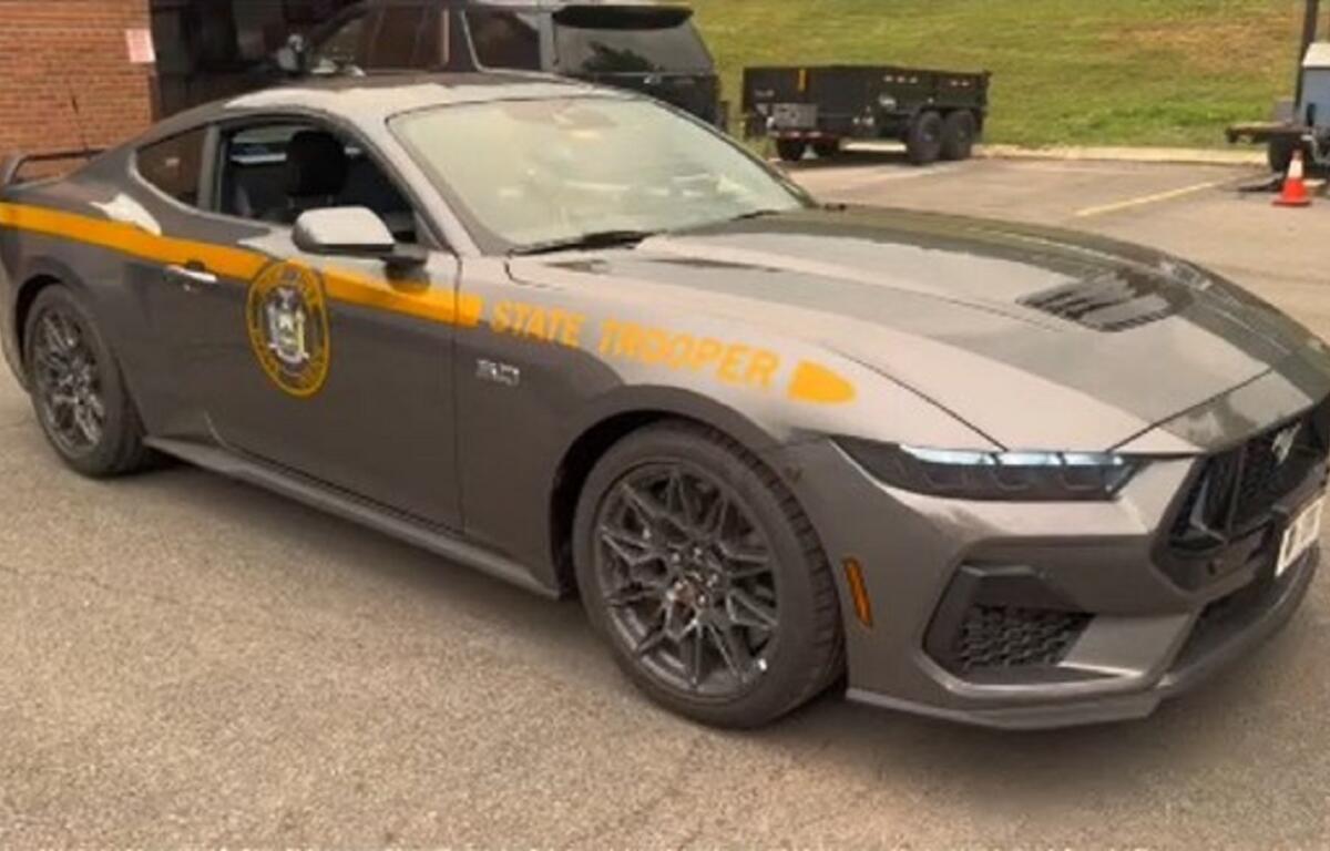 Gray Dodge Charger state trooper patrol car with yellow stripe and emblem parked in a lot on a sunny day.