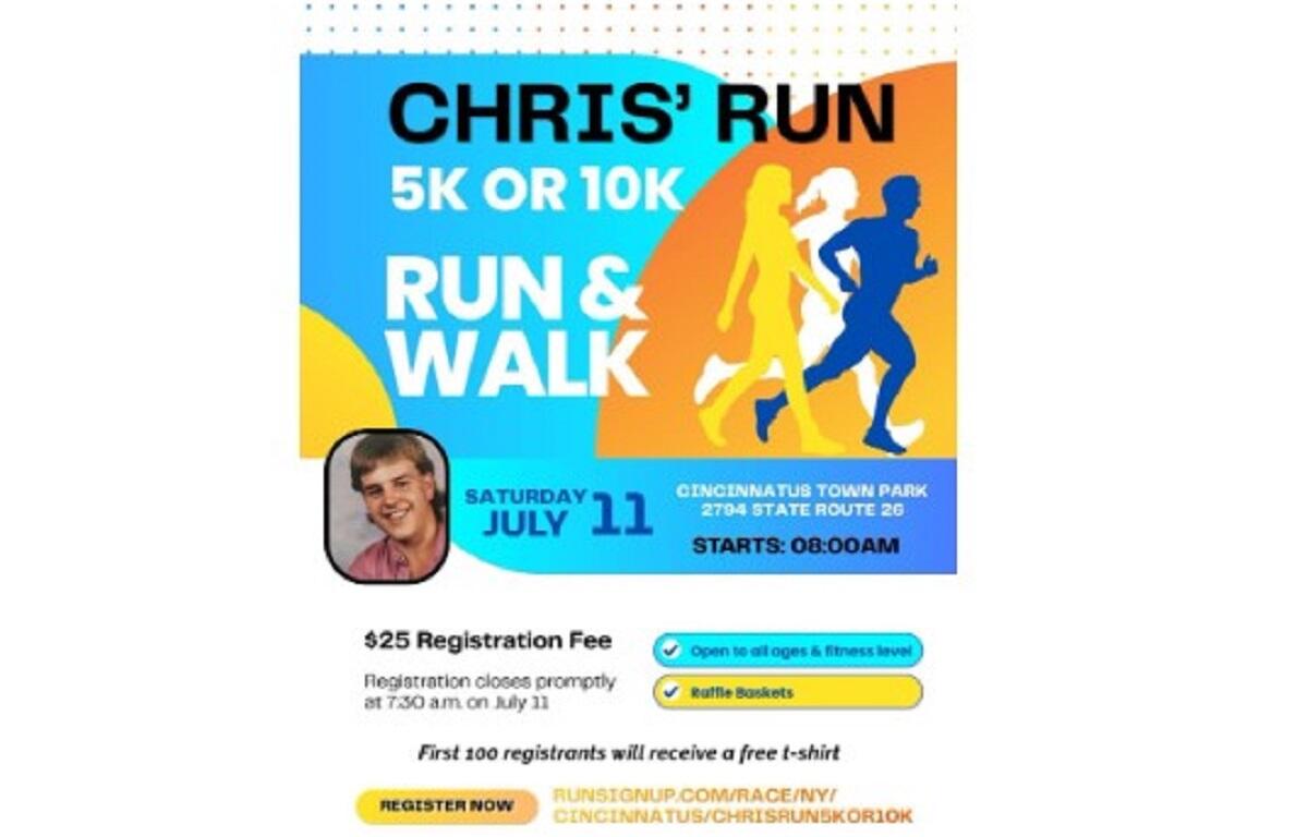 Poster for Chris' Run: 5K or 10K, Run & Walk event with date July 11, starts 08:00 AM, Cincinnati's Town Park details included.