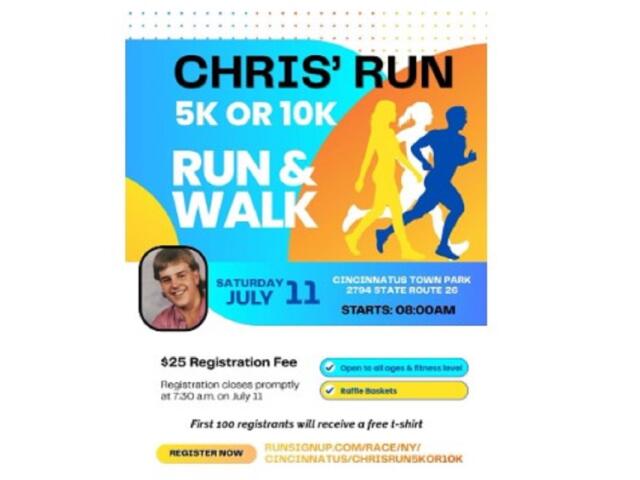 Poster for Chris' Run: 5K or 10K, Run & Walk event with date July 11, starts 08:00 AM, Cincinnati's Town Park details included.