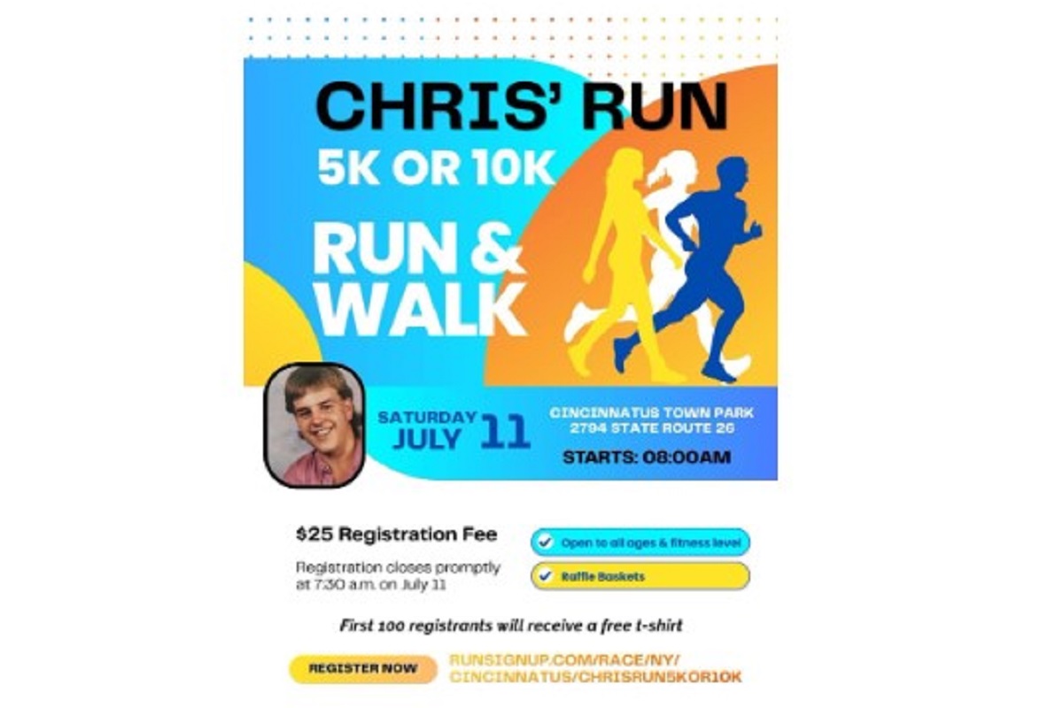 Poster for Chris' Run: 5K or 10K, Run & Walk event with date July 11, starts 08:00 AM, Cincinnati's Town Park details included.