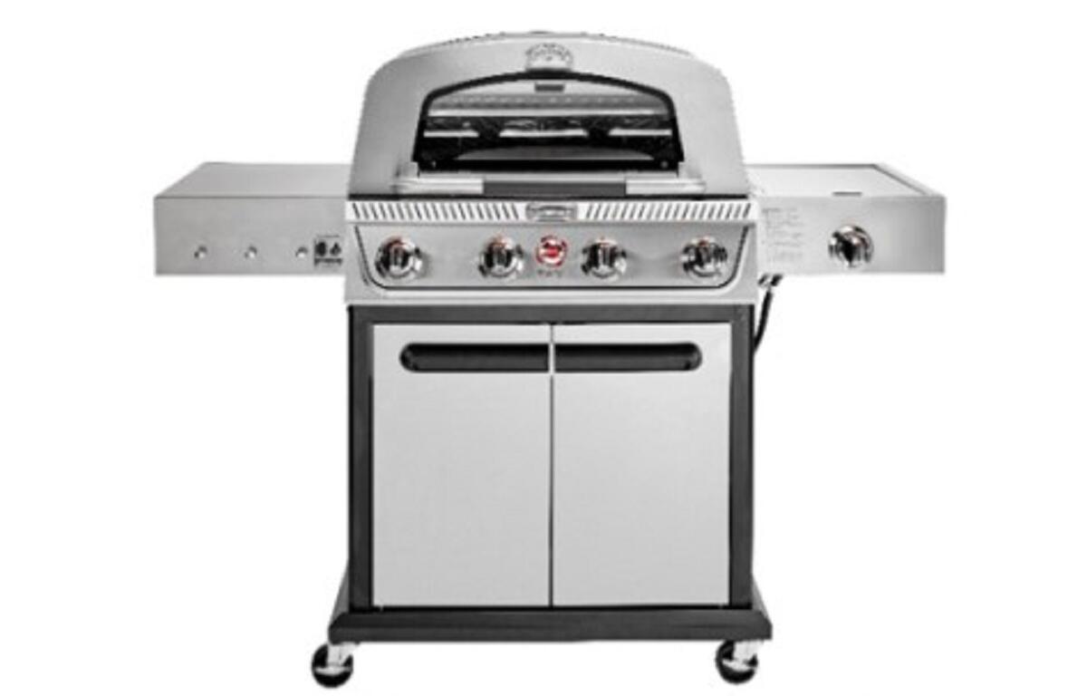 Stainless steel four-burner gas grill on a wheeled cart with side shelves and cabinet doors beneath. (hood open)