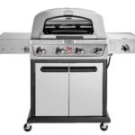 Stainless steel four-burner gas grill on a wheeled cart with side shelves and cabinet doors beneath. (hood open)