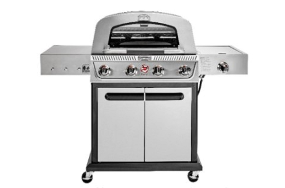 Stainless steel four-burner gas grill on a wheeled cart with side shelves and cabinet doors beneath. (hood open)