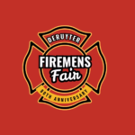 Red background featuring a firefighter Maltese cross badge with the text 'DERUYTER FIREMEN'S Fair' and '80th Anniversary' on ribbons.