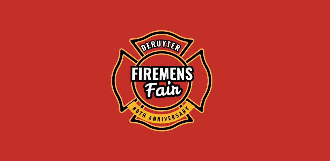 Red background featuring a firefighter Maltese cross badge with the text 'DERUYTER FIREMEN'S Fair' and '80th Anniversary' on ribbons.