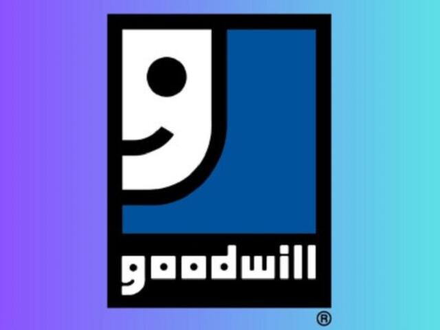 Goodwill logo with a white curved smile inside a blue square, black border, and the word 'goodwill' beneath.