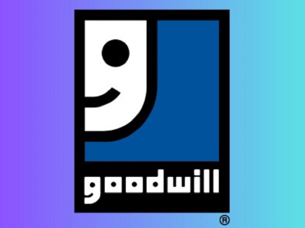 Goodwill logo with a white curved smile inside a blue square, black border, and the word 'goodwill' beneath.