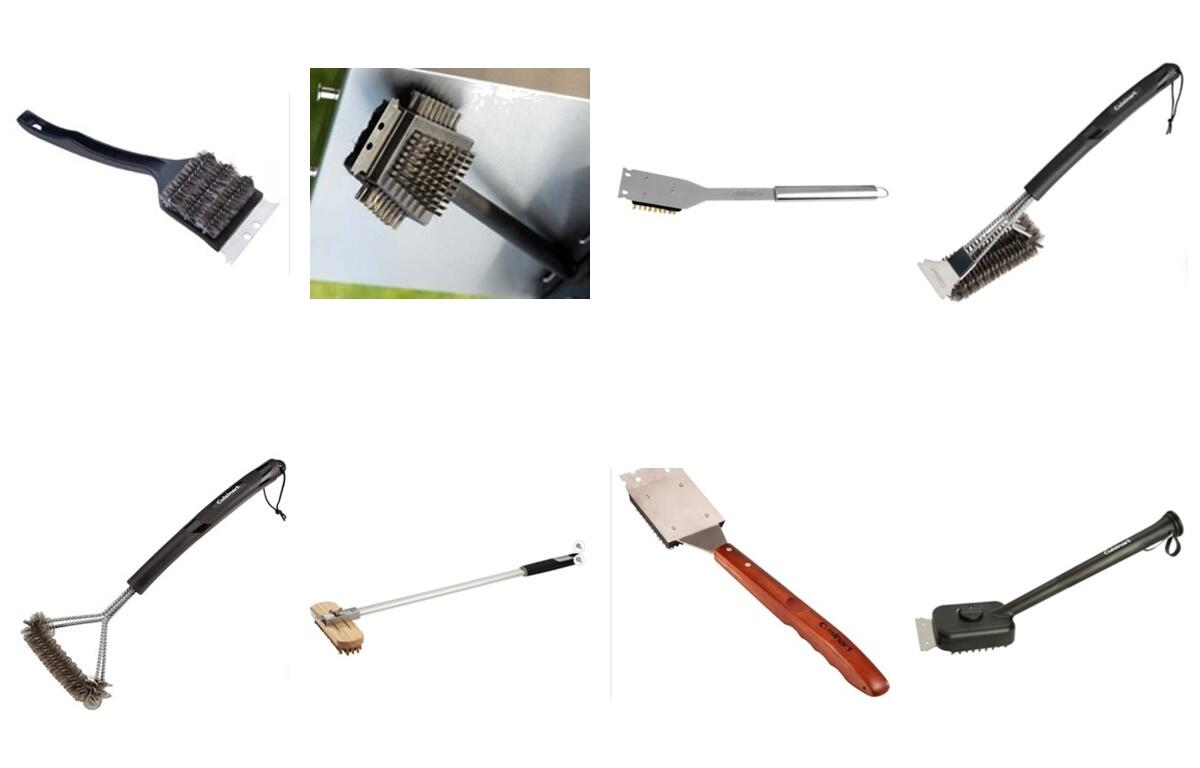 Assorted grill cleaning brushes and scrapers with wooden, metal, and plastic handles laid out on white background.