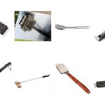 Assorted grill cleaning brushes and scrapers with wooden, metal, and plastic handles laid out on white background.