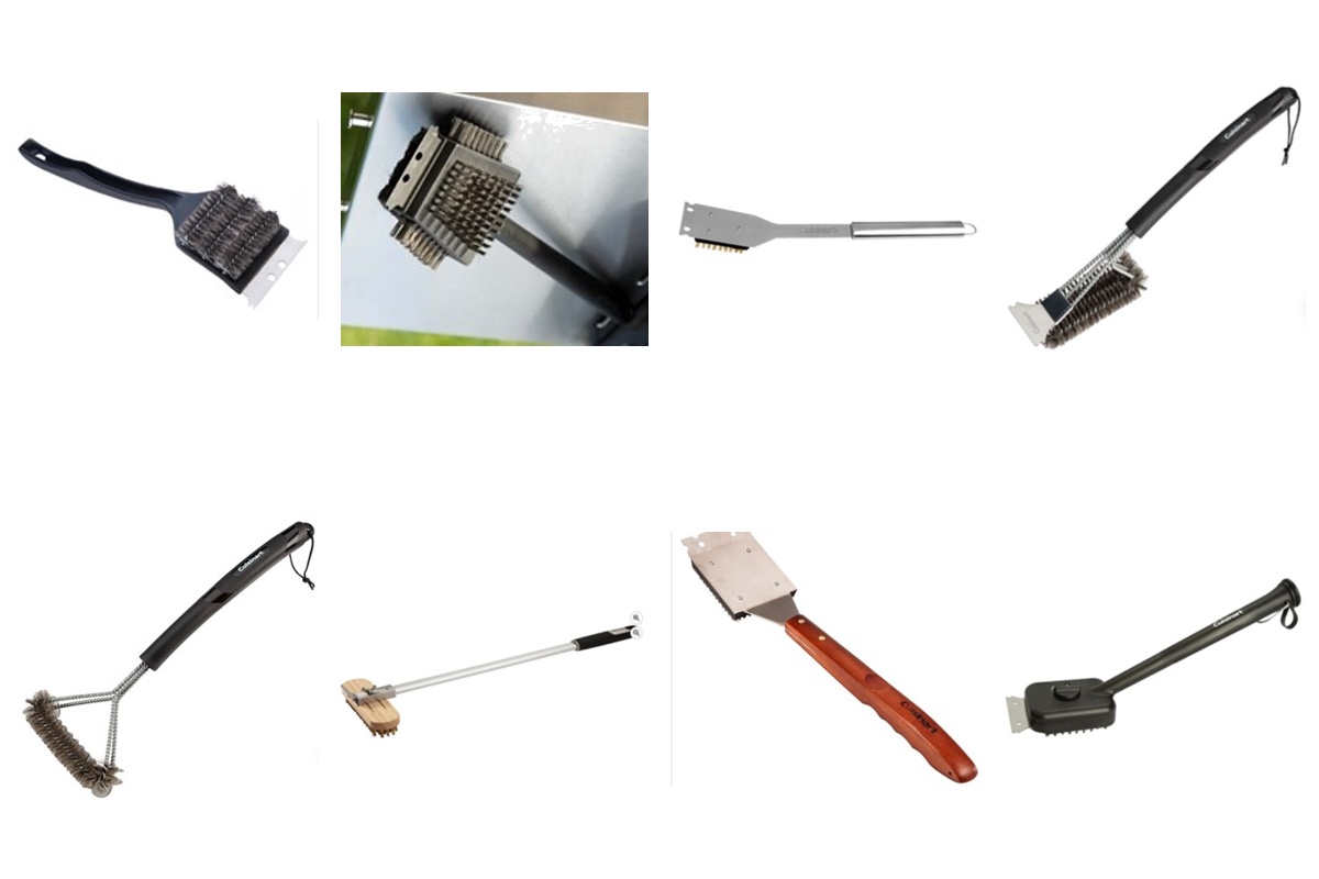 Assorted grill cleaning brushes and scrapers with wooden, metal, and plastic handles laid out on white background.