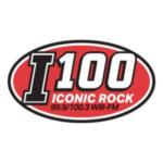 Logo for I100 Iconic Rock radio station, red oval with bold 'I100' and 'ICONIC ROCK' text and small '99.9/100.3 WiFi-FM' beneath
