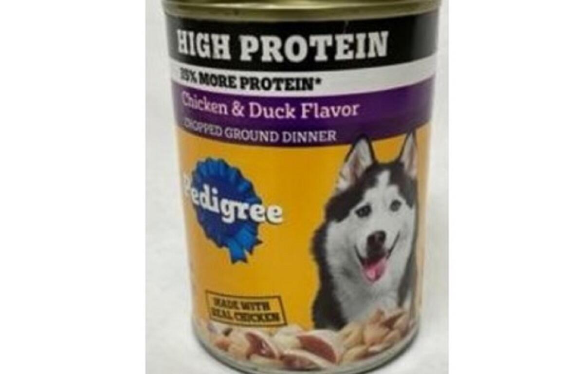 Canned dog food with an orange label saying High Protein, Chicken & Duck Flavor; image of a happy dog on the can surface