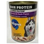 Canned dog food with an orange label saying High Protein, Chicken & Duck Flavor; image of a happy dog on the can surface