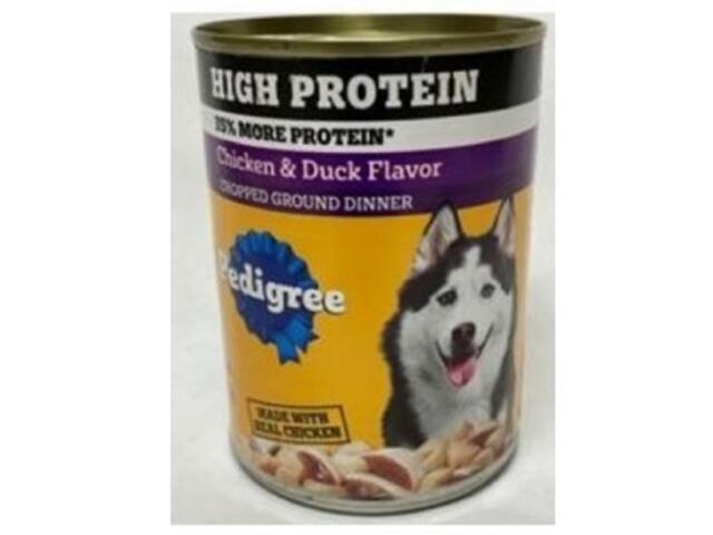 Canned dog food with an orange label saying High Protein, Chicken & Duck Flavor; image of a happy dog on the can surface