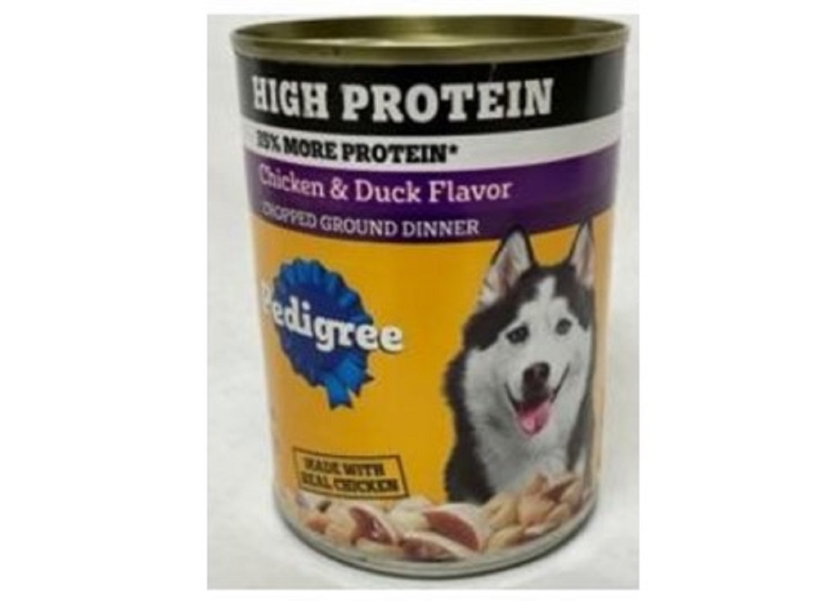 Canned dog food with an orange label saying High Protein, Chicken & Duck Flavor; image of a happy dog on the can surface